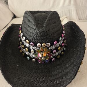 Black Embellished Straw Hat with Colorful Gems